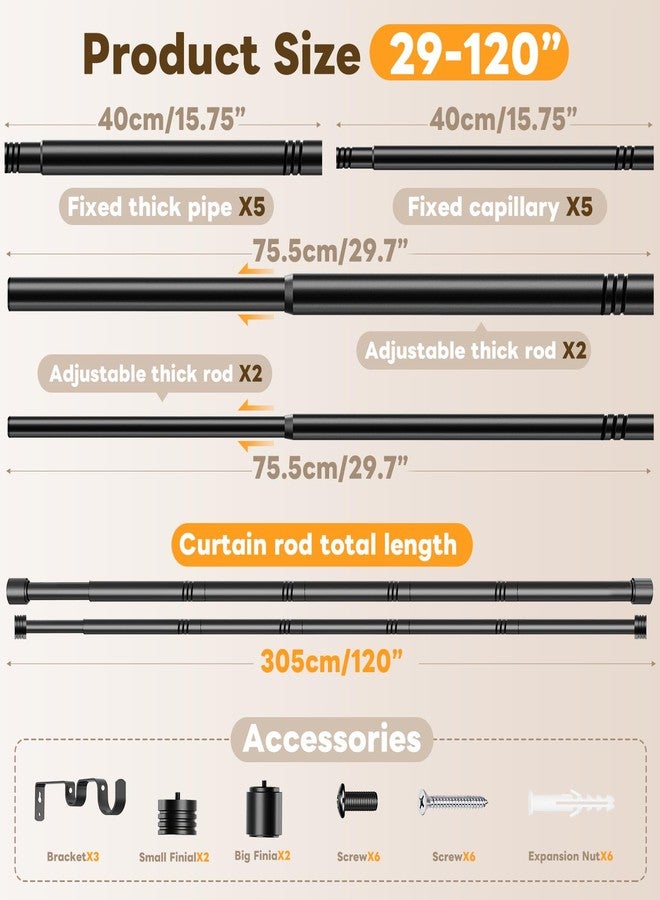 Abiglifty 33 to 120 Inch Double Curtain Rod, 1 Inch Telescoping Double Curtain Rods for Windows, Black Double Curtain Rod with Classic Cap Finial, Black - Image 2